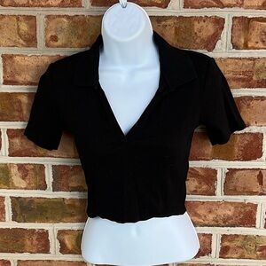 Zara Black Fitted Crop Ribbed stretch Blouse with Notched Collar size Small
